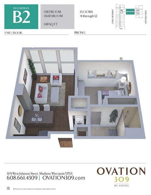 Floor plan for 1 bed, 1 bath, 638 sqft